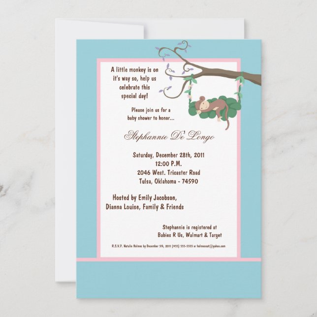 5x7 Blue Monkey Baby Shower Invitation (Front)