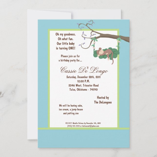 5x7 Blue Monkey Birthday Party Invite (Front)