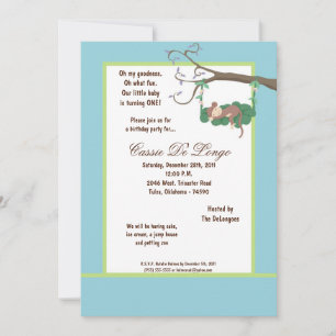 5x7 Blue Monkey Birthday Party Invite
