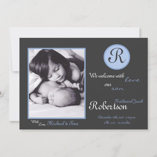 5x7 Blue Monogram Initial Photo Birth Announcement (Front)