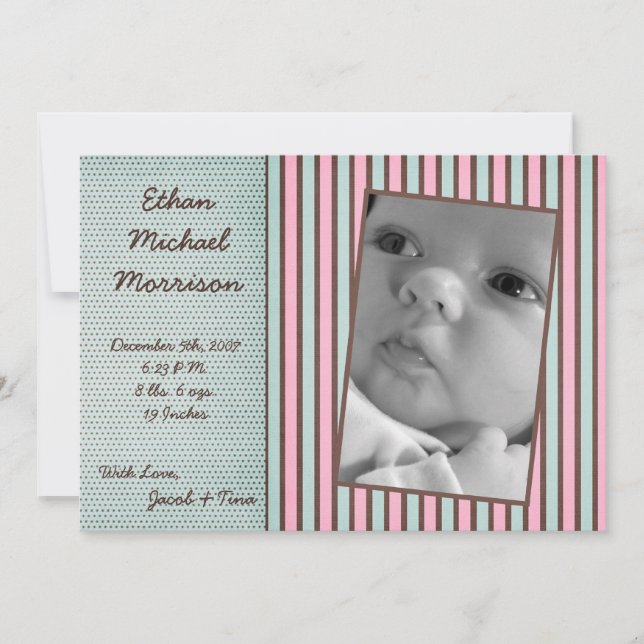 5x7 Blue Pink Stripe Photo Birth Announcement (Front)