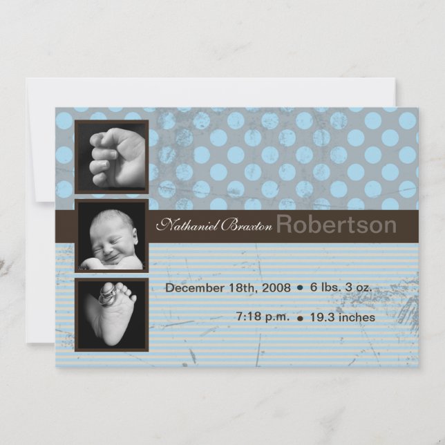 5x7 Blue Polka Dot Stripe Photo Birth Announcement (Front)