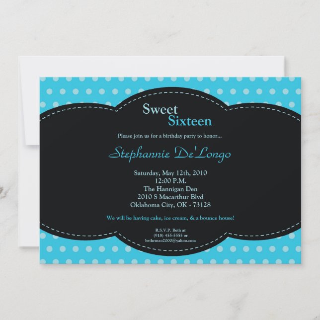 5x7 Blue Polkadot Sweet 16 Birthday Invitation (Front)