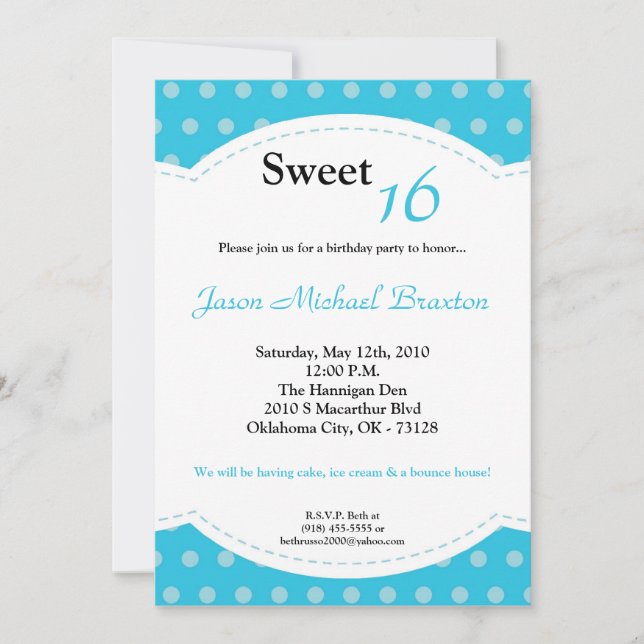 5x7 Blue Polkadot Sweet 16 Birthday Invitation (Front)