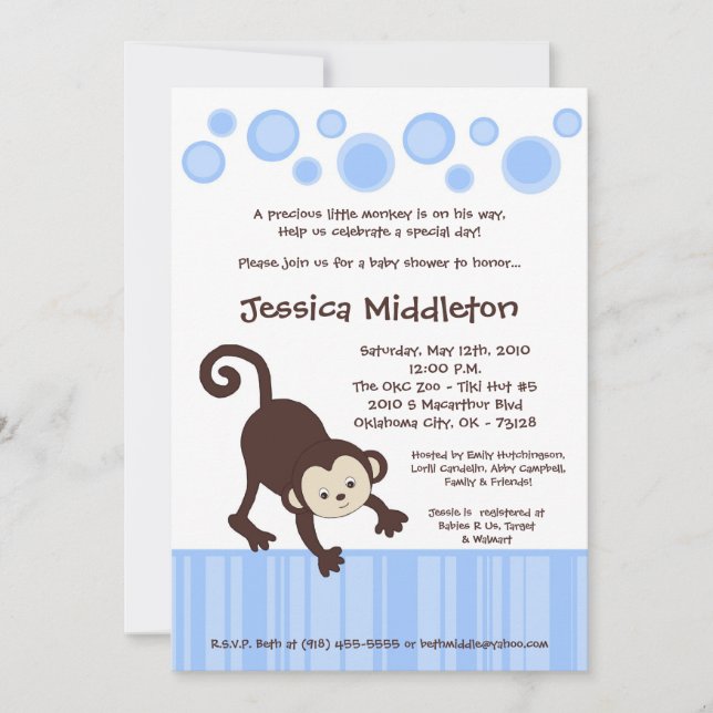 5x7 Blue Pop Monkey Dance Baby Shower Invitation (Front)