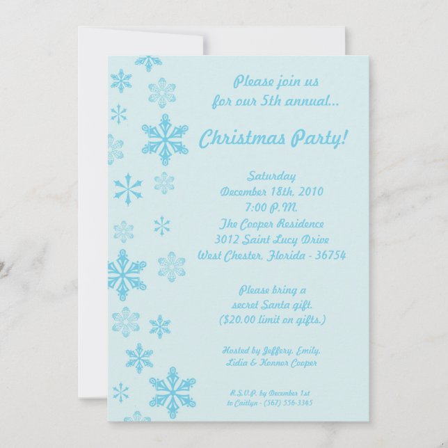 5x7 Blue Snowflakes Christmas Party Invitation (Front)