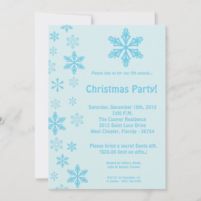 5x7 Blue Snowflakes Christmas Party Invitation (Front)