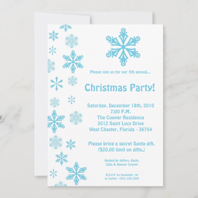 5x7 Blue Snowflakes Christmas Party Invitation (Front)