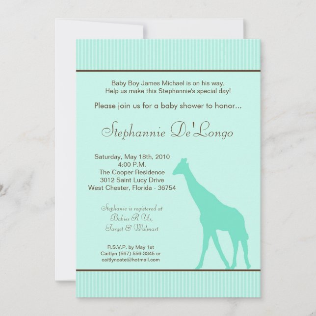 5x7 Blue Striped Giraffe Baby Shower Invitation (Front)