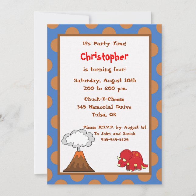 5x7 Blue Tan Polkadot Dinosaur Birthday Invite (Front)