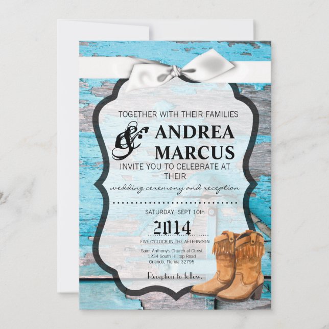 5x7 Blue Wood Barn Door Boots Country Rustic Invitation (Front)