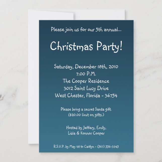 5x7 Blue XMAS Tree Christmas Party Invitation (Front)