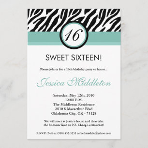 5x7 Blue Zebra 16th Birthday Invitation
