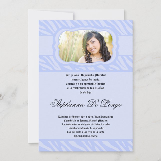 5x7 Blue Zebra Print Patter Quinceanera Invitation (Front)