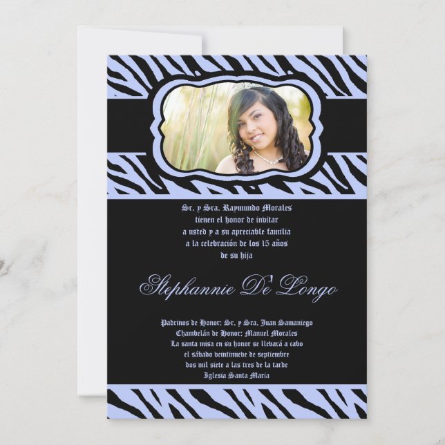 5x7 Blue Zebra Print Quinceanera Invitation (Front)