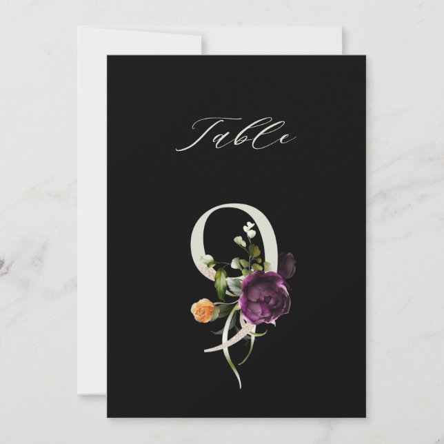 5x7 Botanical Floral Number 9, Black Table Number (Front)