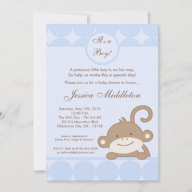 5x7 Boy Blu PolkaDot Monkey Baby Shower Invitation (Front)