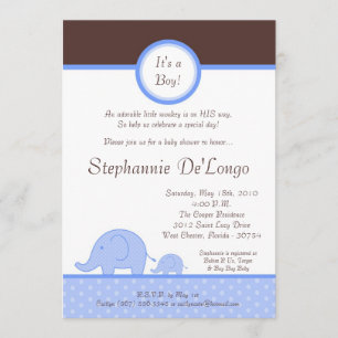 5x7 Boy Blue Mod Elephant Baby Shower Invitation