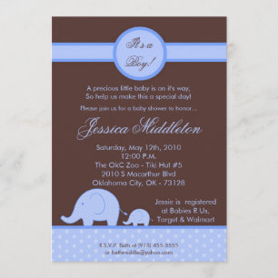 5x7 Boy Blue Mod Elephant Baby Shower Invitation