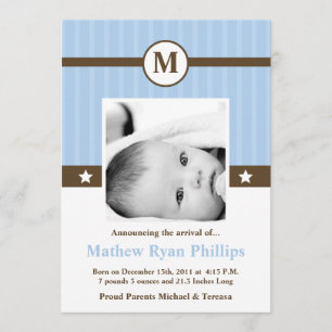 5x7 Boy Blue Monogram PHOTO Birth Announcement