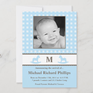 5x7 Boy Blue Monogram PHOTO Birth Announcement