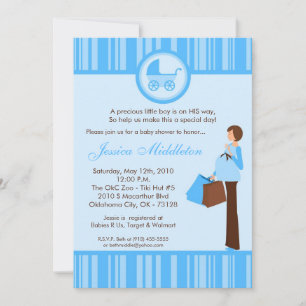 5x7 Boy Blue Mum Carriage Baby Shower Invitation