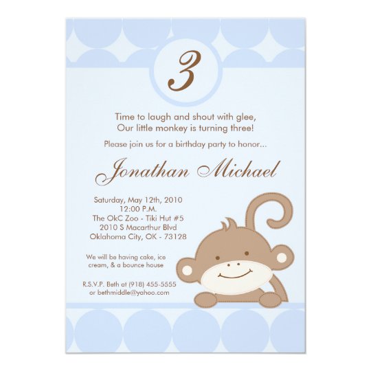 5x7 Boy Blue PolkaDot Monkey Birthday Invitation
