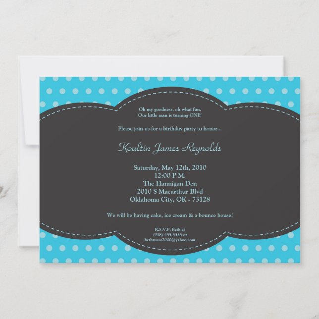 5x7 Boy Blue Polkadot Poke Birthday Invitation (Front)