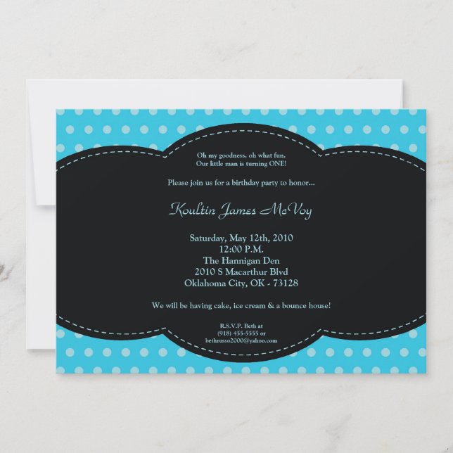 5x7 Boy Blue Polkadot Poke Birthday Invitation (Front)