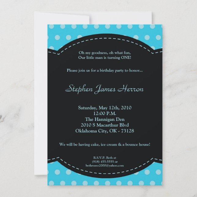 5x7 Boy Blue Polkadot Poke Birthday Invitation (Front)