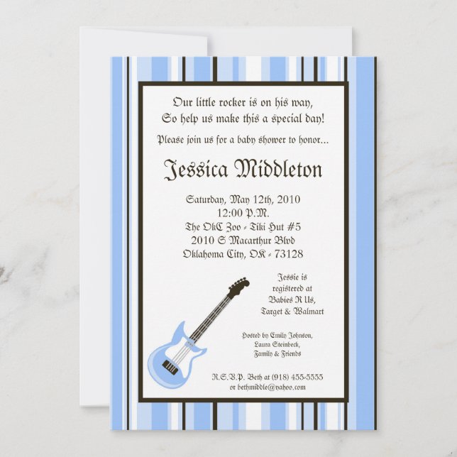 5x7 Boy Blue Rocker Guitar Baby Shower Invitation (Front)