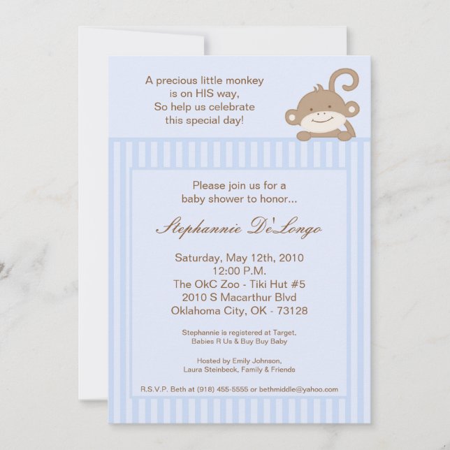 5x7 Boy Blue Stripe Monkey Baby Shower Invitation (Front)
