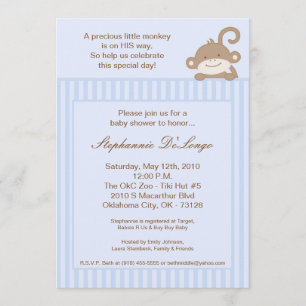 5x7 Boy Blue Stripe Monkey Baby Shower Invitation