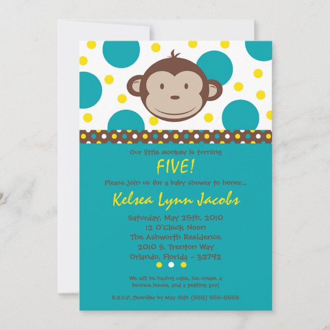 5x7 Boy Modern Mod Monkey Birthday Par Invitation (Front)