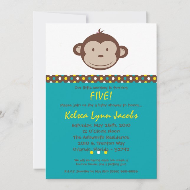 5x7 Boy Modern Mod Monkey Birthday Par Invitation (Front)