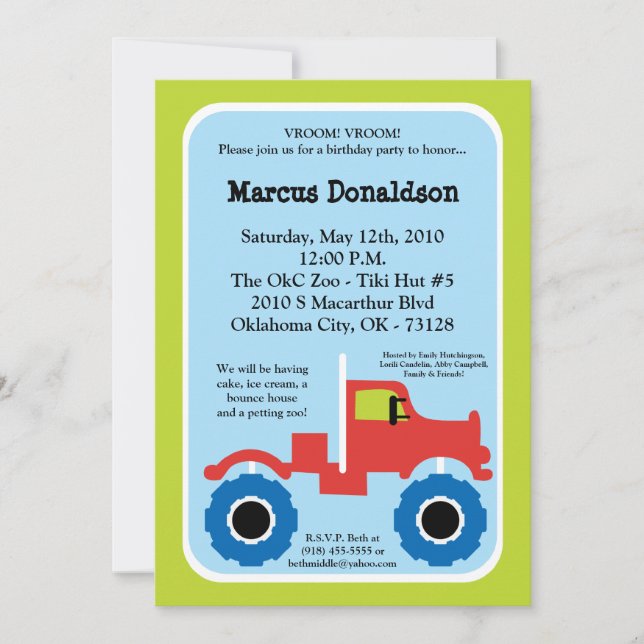 5x7 Boy Monster Truck Birthday Party Invitation (Front)