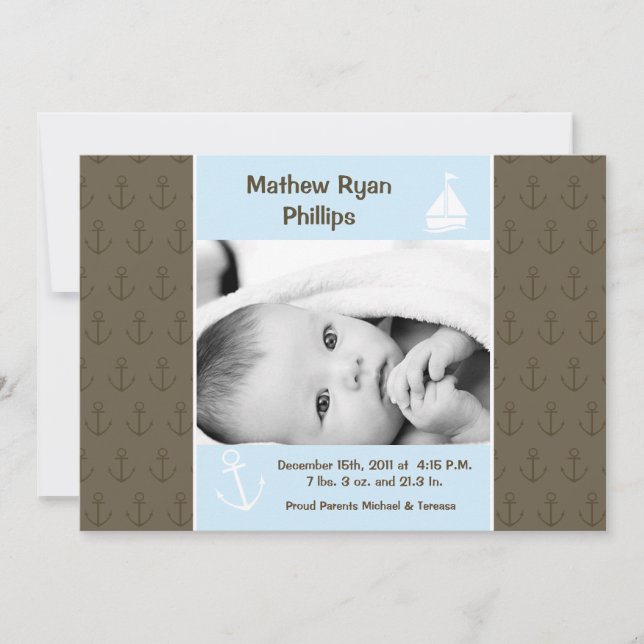 5x7 Boy Nautical Sailing PHOTO Birth Announcement (Front)