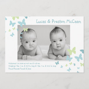 5x7 Boy Twins Butterfly Photo Birth Announcement