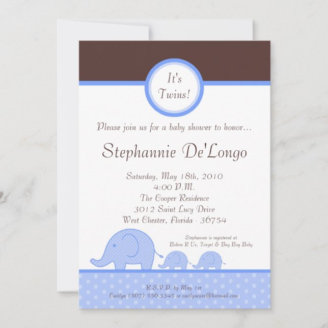 5x7 Boy Twins Mod Elephant Baby Shower Invitation (Front)