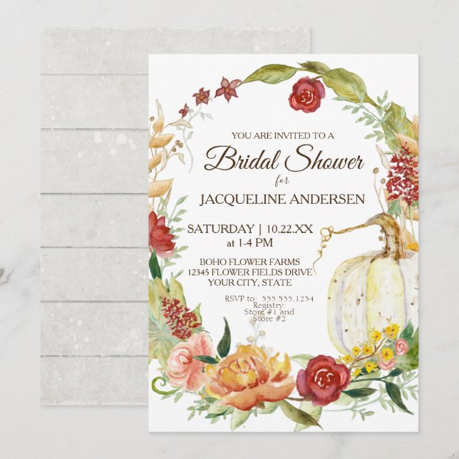 5x7 Bridal Shower Fall Floral Wreath White Pumpkin Invitation (Front/Back)