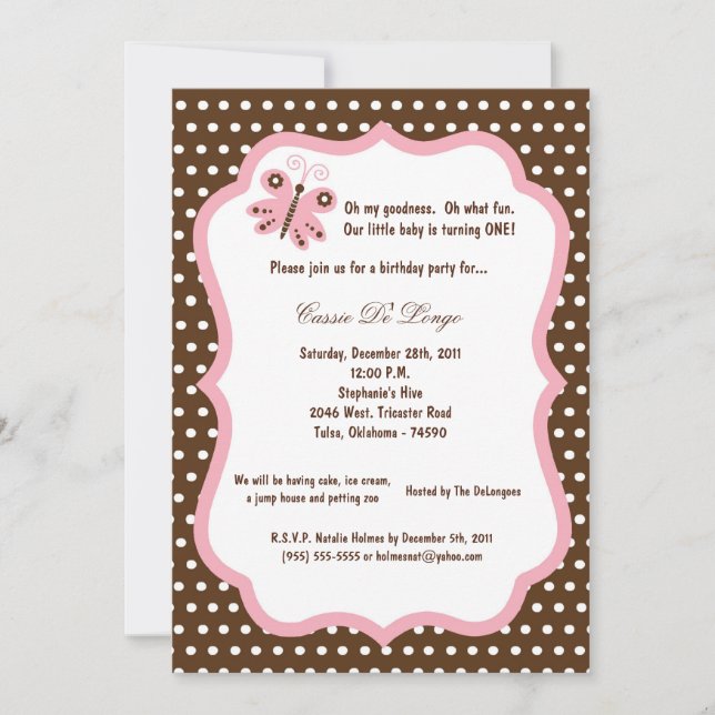 5x7 Brown Butterfly Birthday Party Invite (Front)