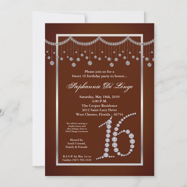 5x7 Brown Diamond Sweet 16 Birthday Invitation (Front)