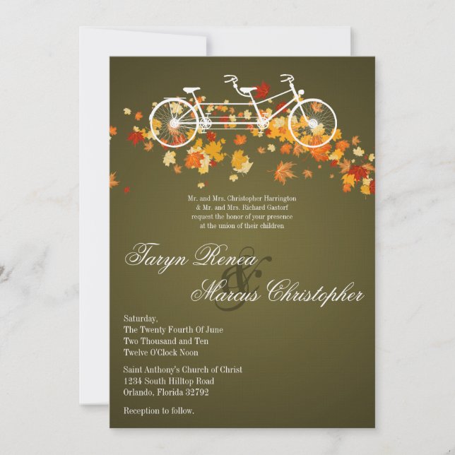 5x7 Brown Fall Double Bike Wedding Invitation (Front)