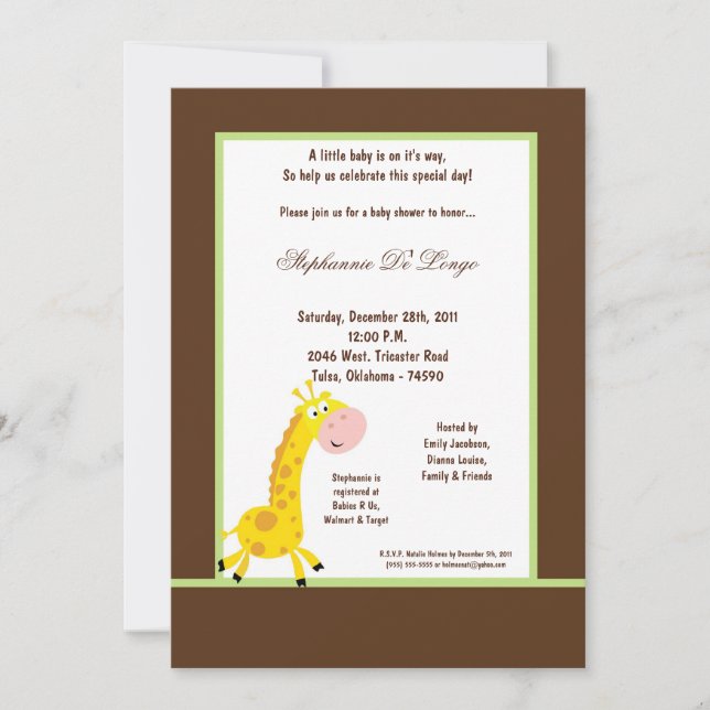 5x7 Brown Giraffe Baby Shower Invitation (Front)