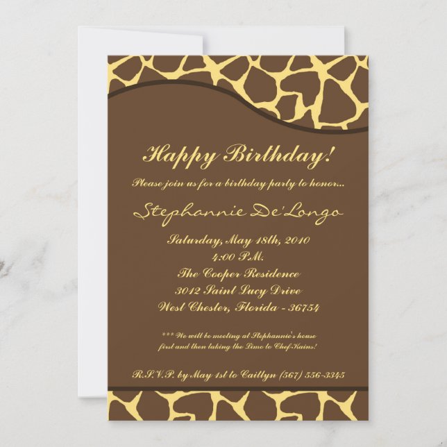 5x7 Brown Giraffe Print Birthday Party Invitation (Front)