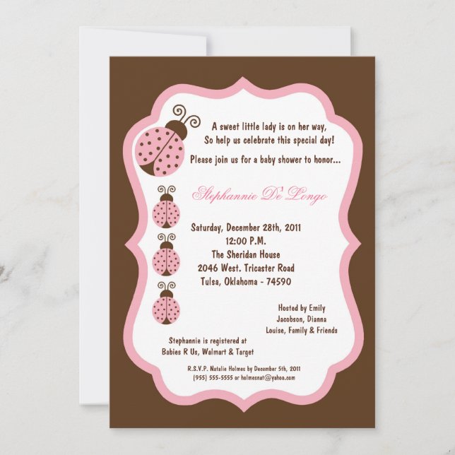 5x7 Brown Lady Bug Baby Shower Invitation (Front)