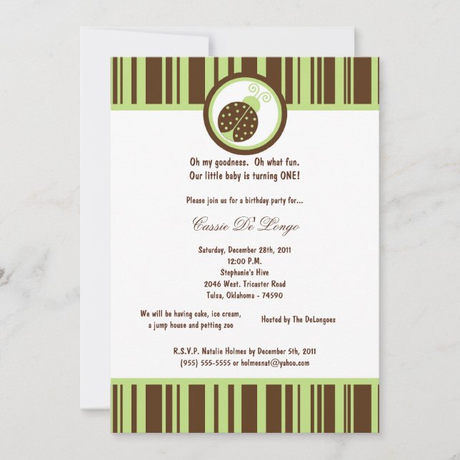 5x7 Brown Lady Bug Birthday Party Invite (Front)