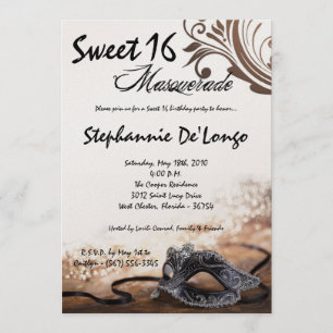 5x7 Brown Masquerade Sweet 16 Birthday Invitation