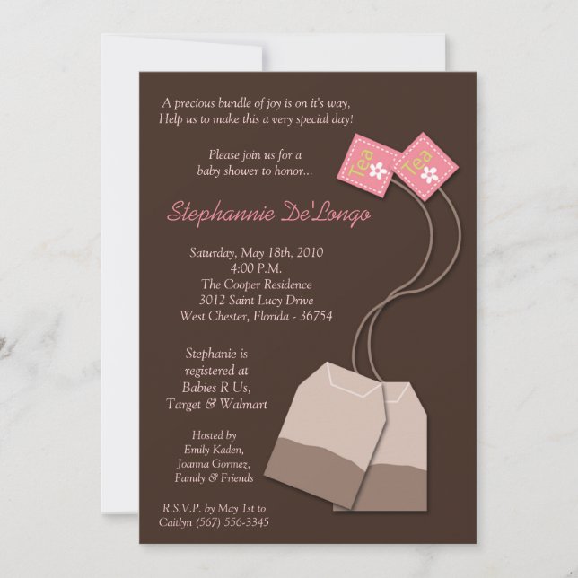 5x7 Brown Tea Bag Tea Party Baby Shower Invitation (Front)