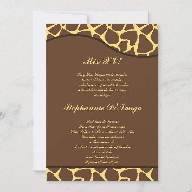 5x7 Brown Yellow Giraffe Quinceanera Party Invite (Front)